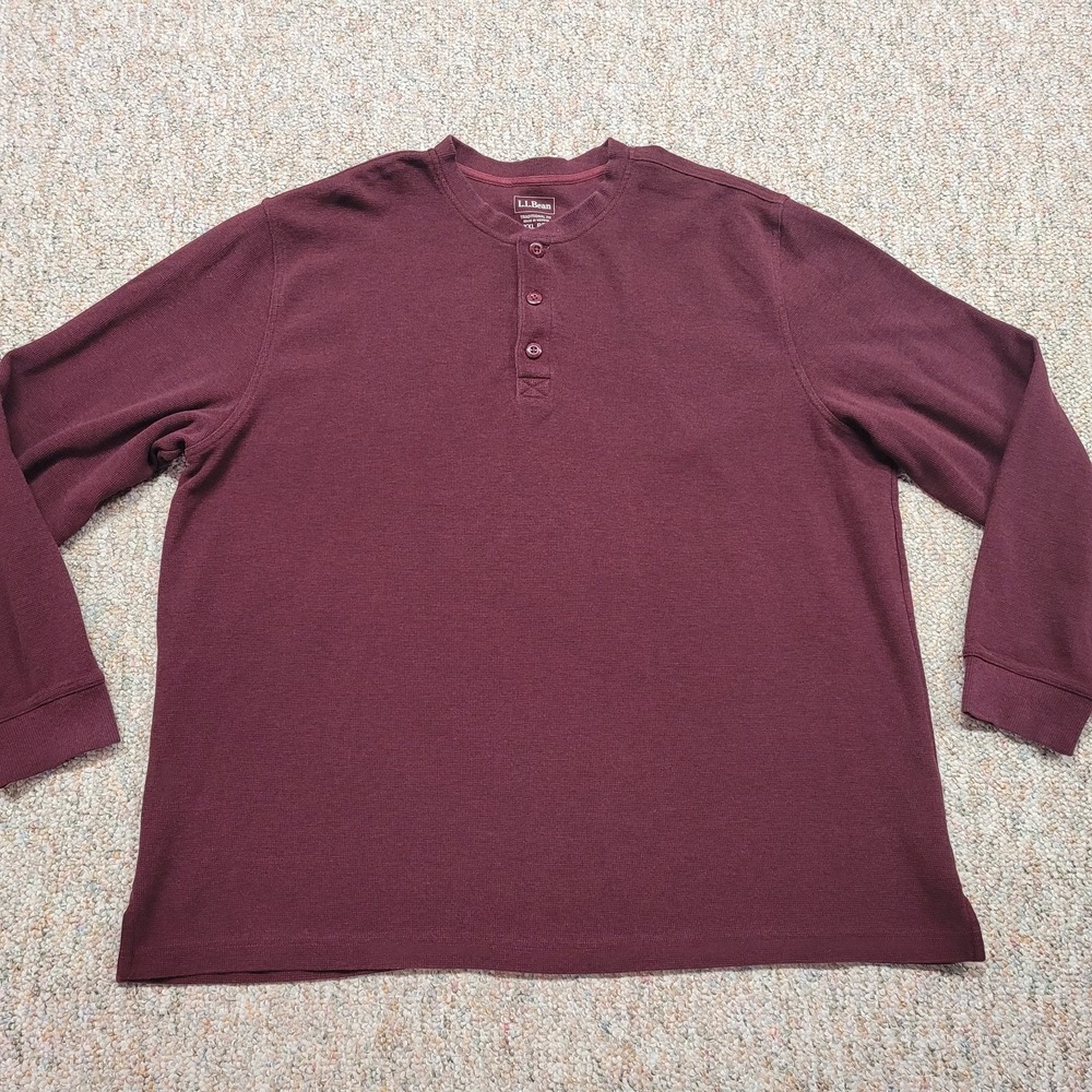 LL Bean Henley Shirt Mens 2XL Burgundy Waffle Knit Traditional Fit Long Sleeve